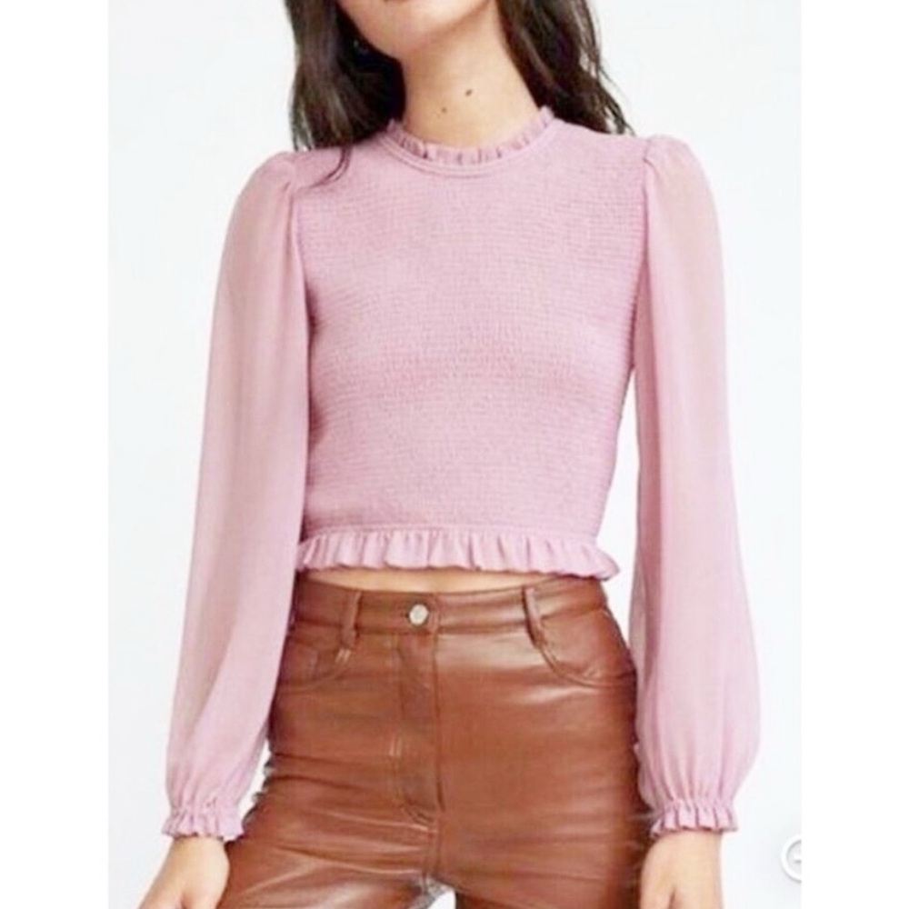 Aritzia Wilfred Tempest Blouse Soft Orchid Smocked Chiffon Puff Sleeve Top Chic